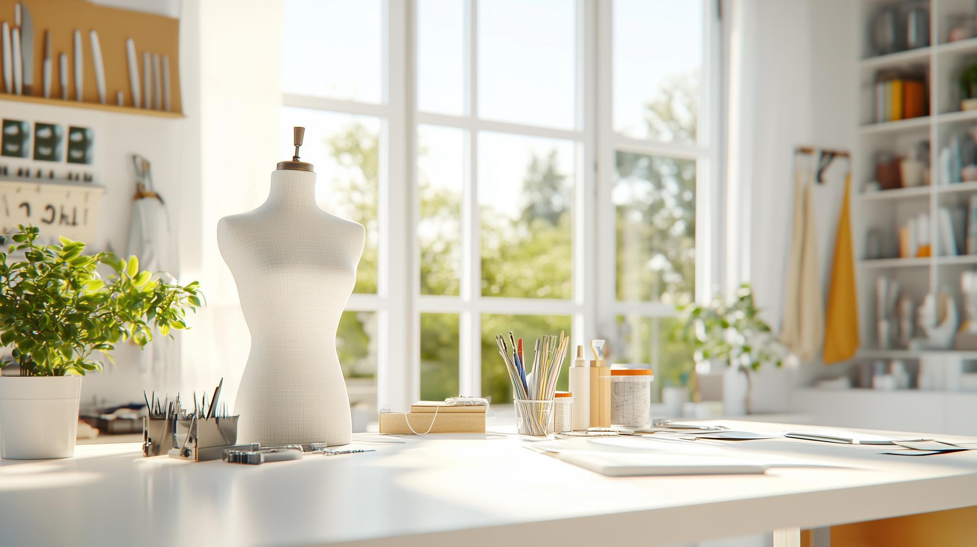 Interno atelier con tavolo e tessuti