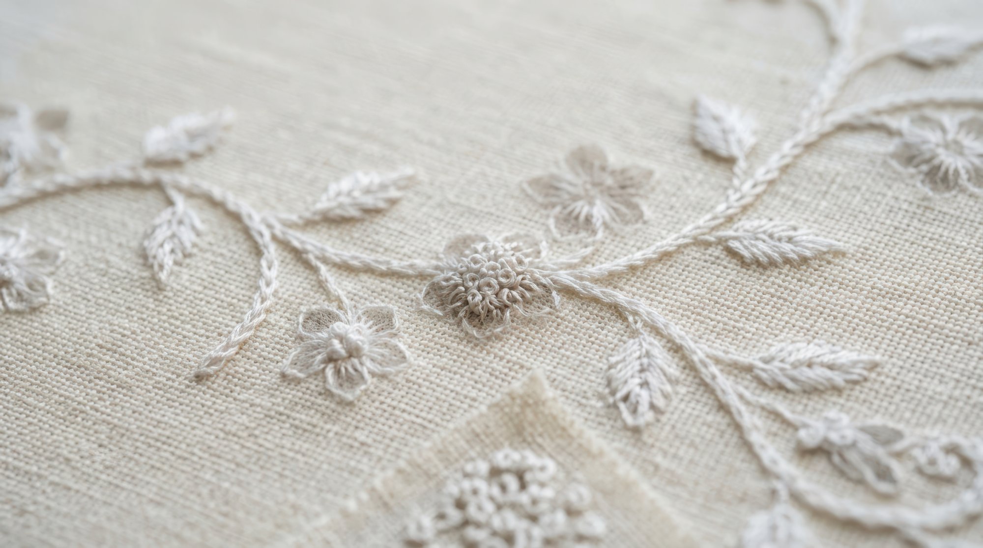 Ricamo floreale su lino beige
